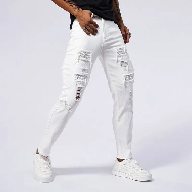 Men's Skinny Elastic Ripped Hole Denim Jeans