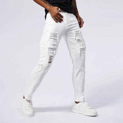 Men's Skinny Elastic Ripped Hole Denim Jeans