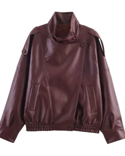 Women's Stand Collar Faux Leather Jacket with Double Button Closure