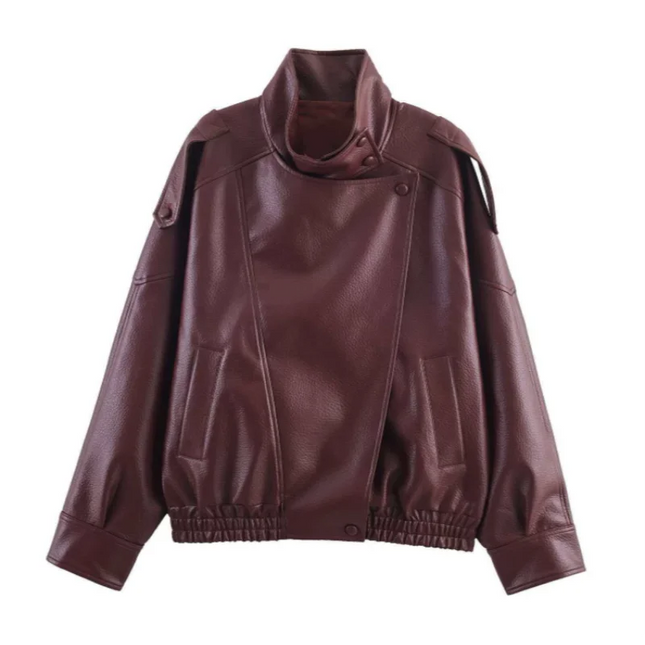 Women's Stand Collar Faux Leather Jacket with Double Button Closure