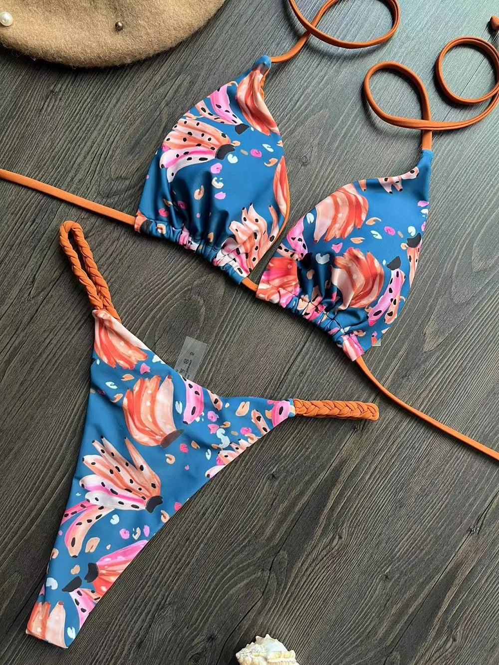 Women's Striped High-Waist Thong Bikini Set