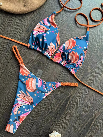 Women's Striped High-Waist Thong Bikini Set