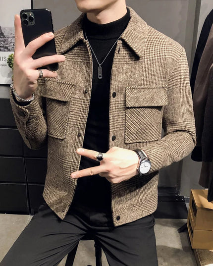 Slim Fit Men’s Polo Neck Jacket with Checkered Pattern and Multiple Pockets