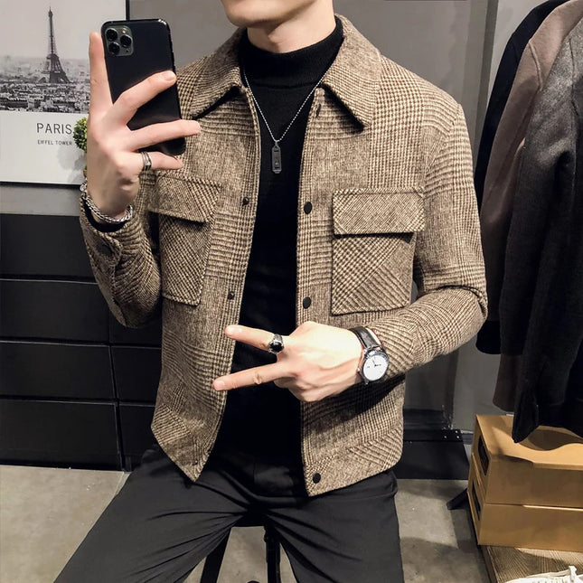 Slim Fit Men’s Polo Neck Jacket with Checkered Pattern and Multiple Pockets