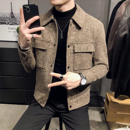 Slim Fit Men’s Polo Neck Jacket with Checkered Pattern and Multiple Pockets