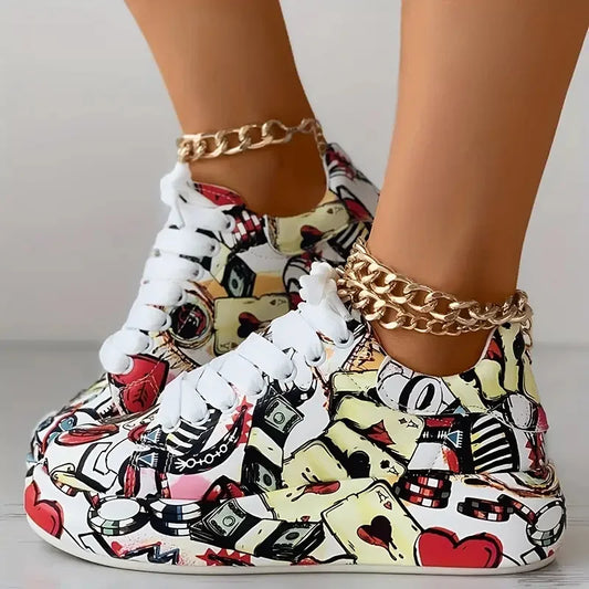 Women's Thick-Soled Sneakers with Graffiti Style