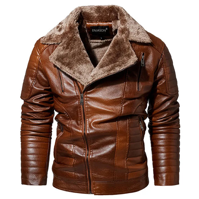 Men's Faux Leather Jacket with Fleece Fur Collar - Various Colors