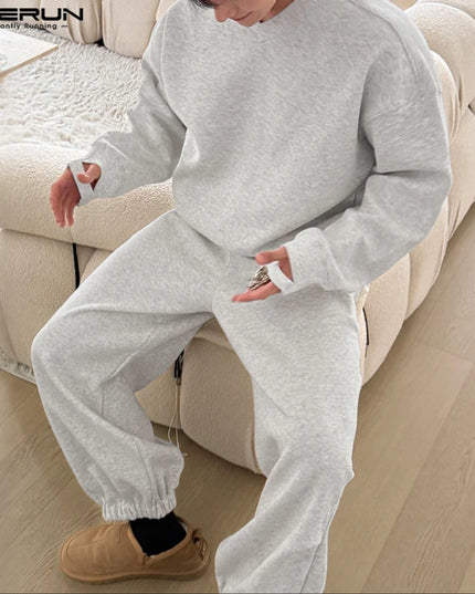 INCERUN Men’s Loose-Fit Two-Piece Set with V-Neck Long-Sleeve Top and Pants