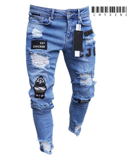 Men's Skinny Slim Fit Ripped Denim Jeans with Stretch, Hole & Patchwork Design