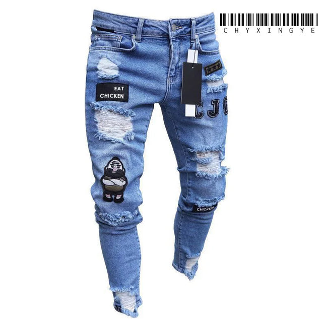 Men's Skinny Slim Fit Ripped Denim Jeans with Stretch, Hole & Patchwork Design