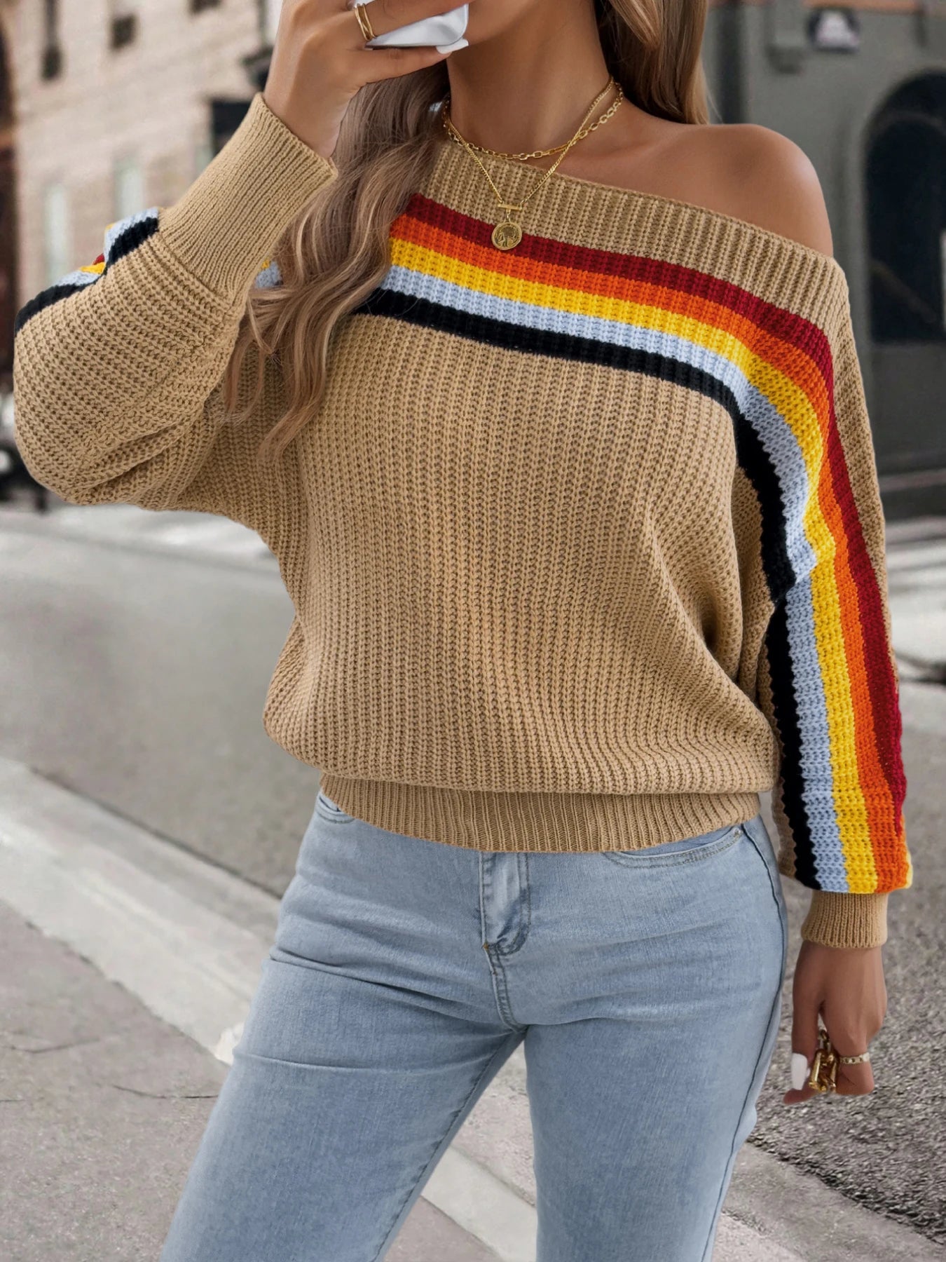 Contrast Color Striped Women's Sweater, Casual Round Neck, Long Sleeve Knitted Top