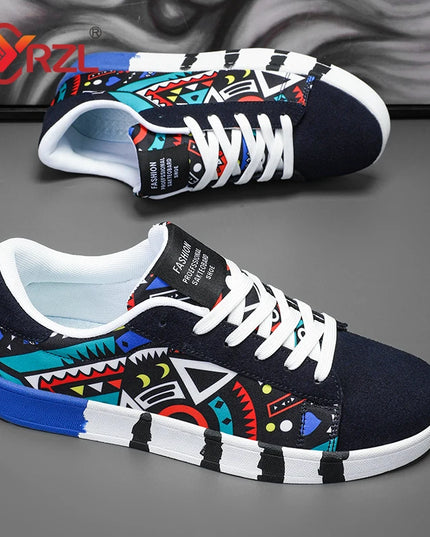 YRZL Men's Canvas Sneakers - Geometric Style Lace-Up Casual Shoes with Graffiti Design