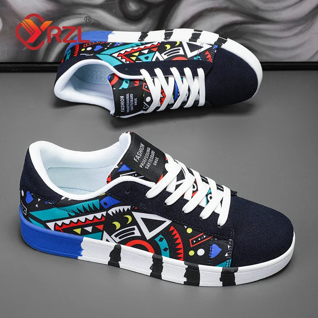 YRZL Men's Canvas Sneakers - Geometric Style Lace-Up Casual Shoes with Graffiti Design