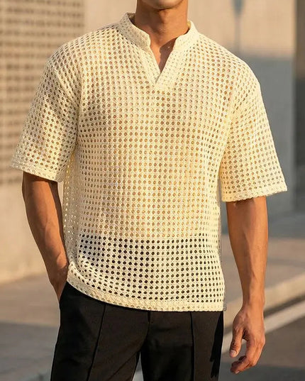 Incerun Men's Hollow Out V-Neck Short Sleeve T-Shirt - See-Through Loose Fit