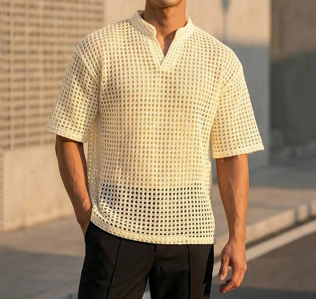 Incerun Men's Hollow Out V-Neck Short Sleeve T-Shirt - See-Through Loose Fit