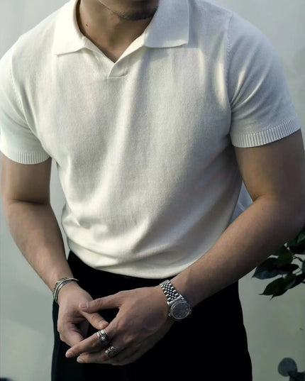 Men's Solid Zipper Knitted Polo Shirt with Lapel