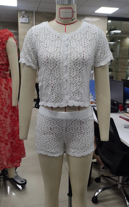 Women’s Crochet Hollow Out Crop Top and Shorts Set - Stylish 2 Piece Outfit
