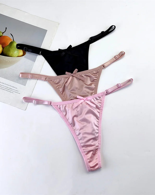 3-Piece Pink Satin Thong Set for Women - Adjustable Low Waist, Comfortable Silk Lace Underwear