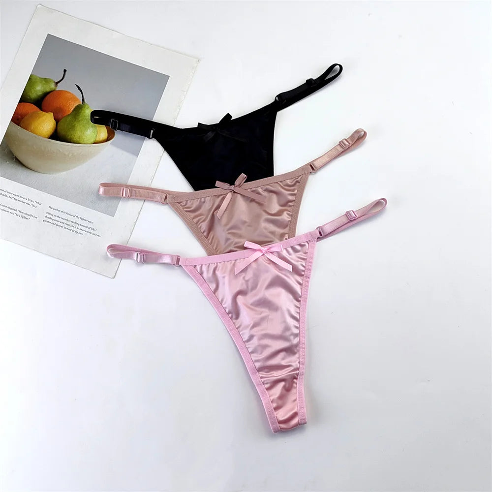 3-Piece Pink Satin Thong Set for Women - Adjustable Low Waist, Comfortable Silk Lace Underwear