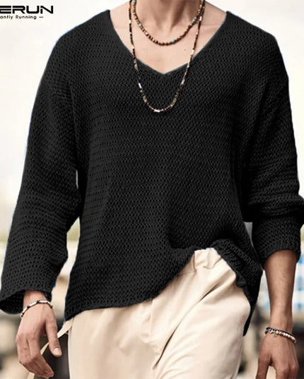 INCERUN Men's V-Neck Sweater with Mesh Design - Various Colors