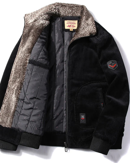 Men's Warm Corduroy Thermal Windbreaker Jacket with Faux Fur Collar