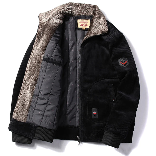 Men's Warm Corduroy Thermal Windbreaker Jacket with Faux Fur Collar