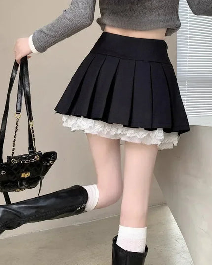 High Waist Pleated Mini Skirt for Women - Lace Preppy Bow Skirt