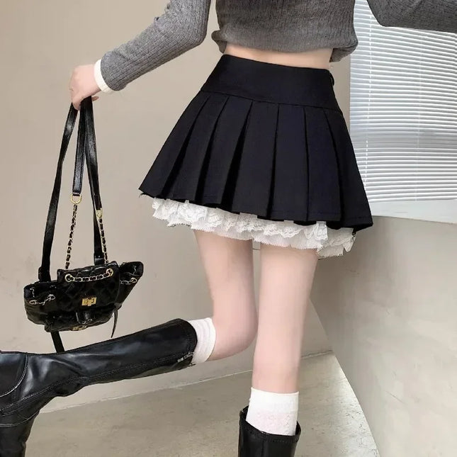 High Waist Pleated Mini Skirt for Women - Lace Preppy Bow Skirt