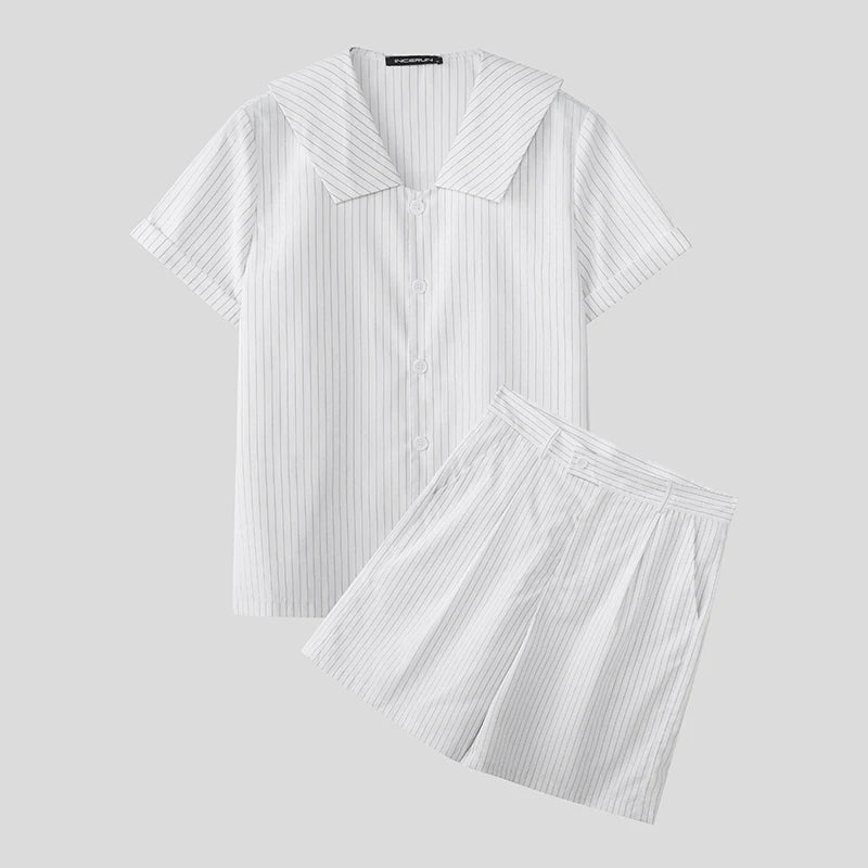 Incerun Men's Two-Piece Striped Short Sleeve Shirt and Shorts Set