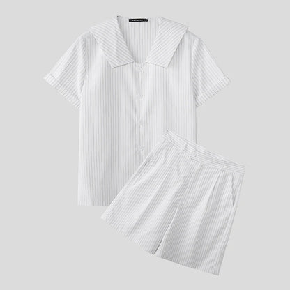 Incerun Men's Two-Piece Striped Short Sleeve Shirt and Shorts Set