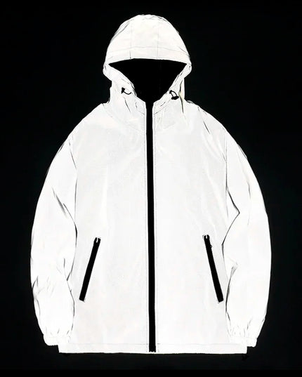 White reflective jacket with black zippers on a black background