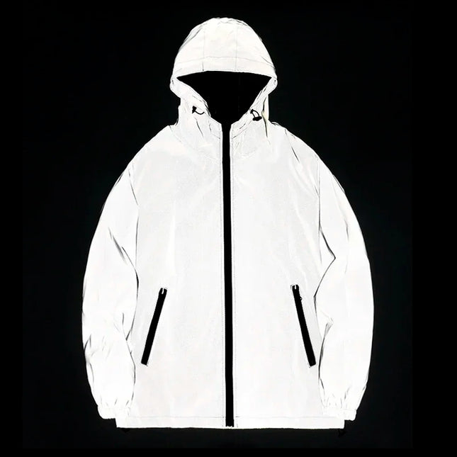 White reflective jacket with black zippers on a black background