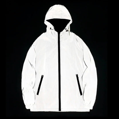 White reflective jacket with black zippers on a black background