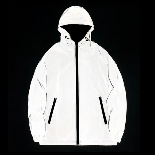 White reflective jacket with black zippers on a black background