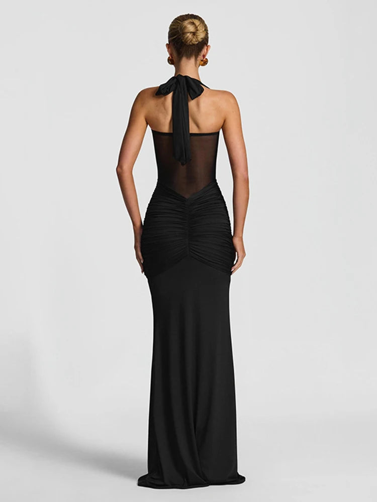 Elegant Women's Patchwork Maxi Dress with Sheer Ribbons, Halter Neck, Backless Bodycon Design