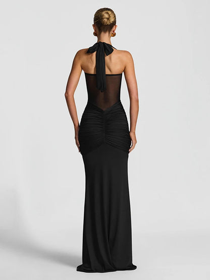 Elegant Women's Patchwork Maxi Dress with Sheer Ribbons, Halter Neck, Backless Bodycon Design