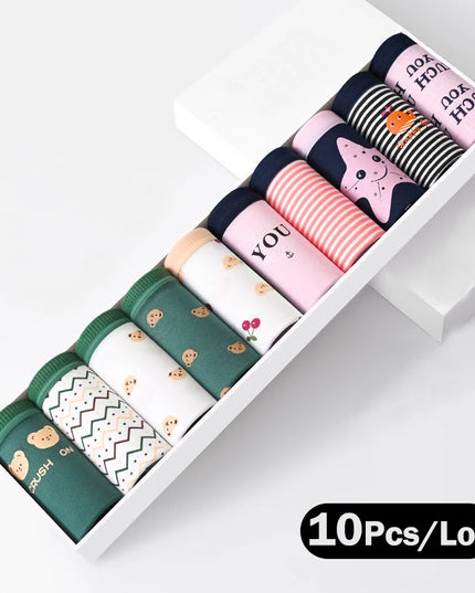 10Pcs Women's Cotton Panties – Comfortable Cartoon Print Underwear Set