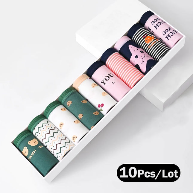 10Pcs Women's Cotton Panties – Comfortable Cartoon Print Underwear Set