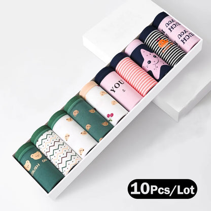 10Pcs Women's Cotton Panties – Comfortable Cartoon Print Underwear Set