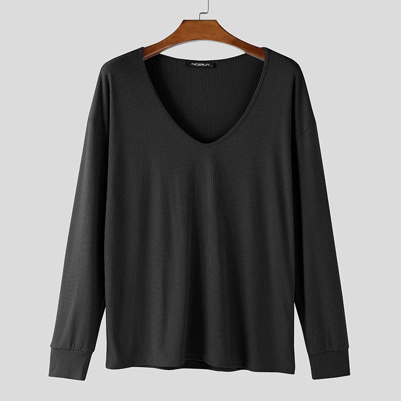 INCERUN Men's V-Neck Long Sleeve Knitted Sweater