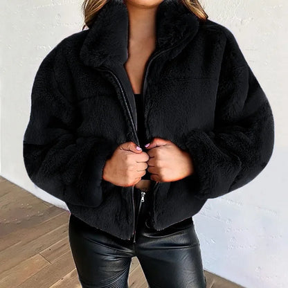 Women's Zippered Cropped Faux Fur Jacket with Stand Collar