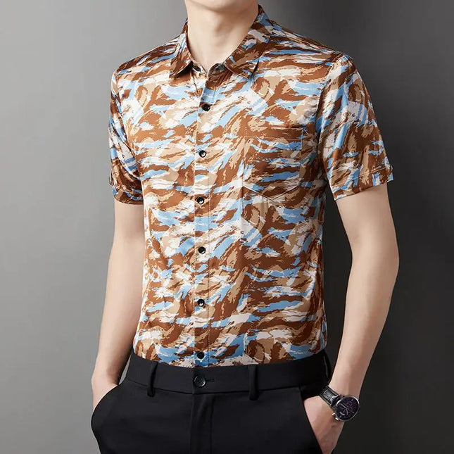 Men's Slim Fit Short Sleeve Floral Print Casual Button-Down Shirt