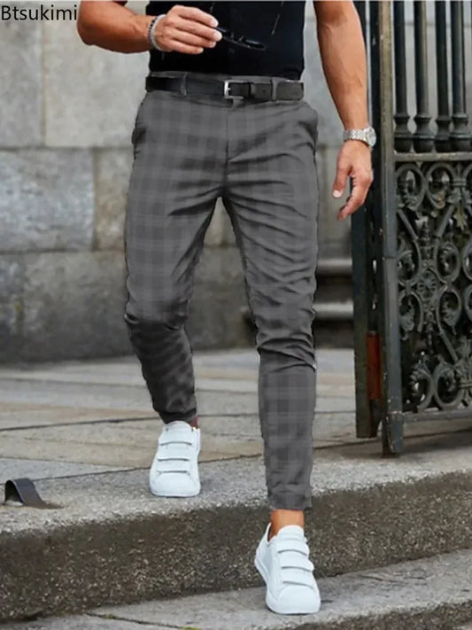 Men's Checkered Plaid Trousers - Mid-Fashion Elastic Waist Pants