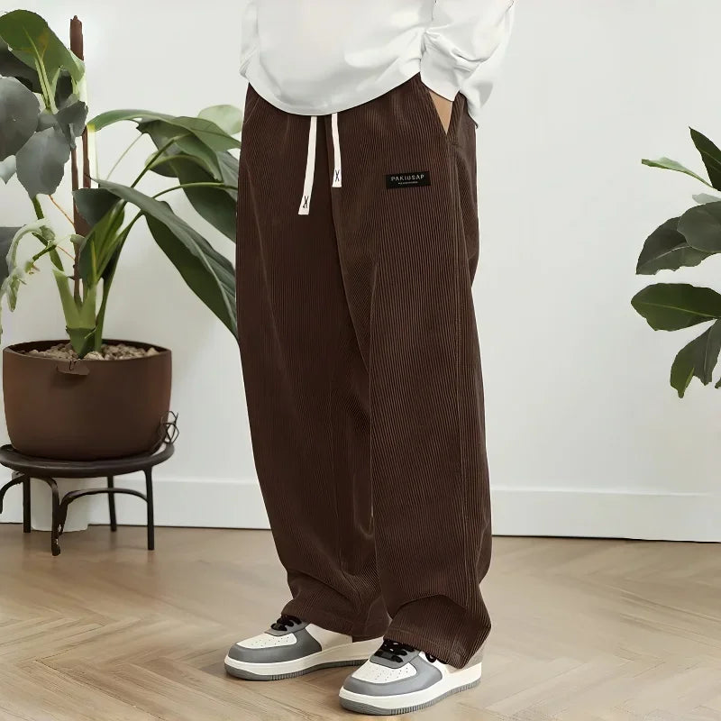 Men's Loose Fit Corduroy Casual Pants with Elastic Waist and Drawstring