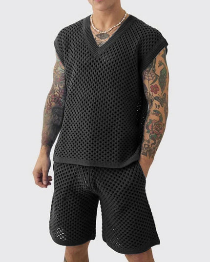 Men's Knitted Two-Piece Mesh V-Neck Vest and Shorts Set - Breathable Casual Style