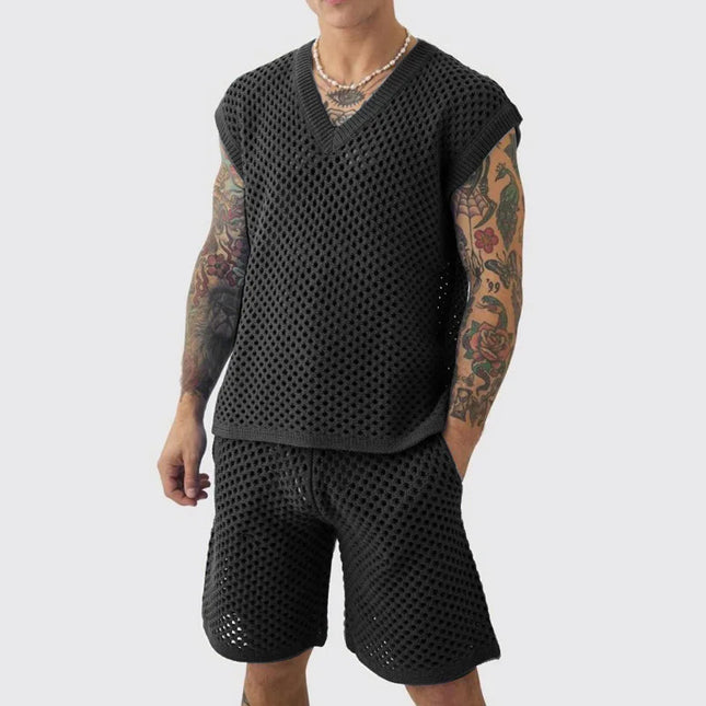 Men's Knitted Two-Piece Mesh V-Neck Vest and Shorts Set - Breathable Casual Style
