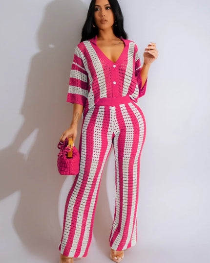 Women's Knitted 2-Piece Set | Short Sleeve Button Top & Loose Crocheted Pants