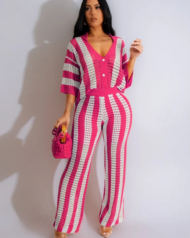 Women's Knitted 2-Piece Set | Short Sleeve Button Top & Loose Crocheted Pants
