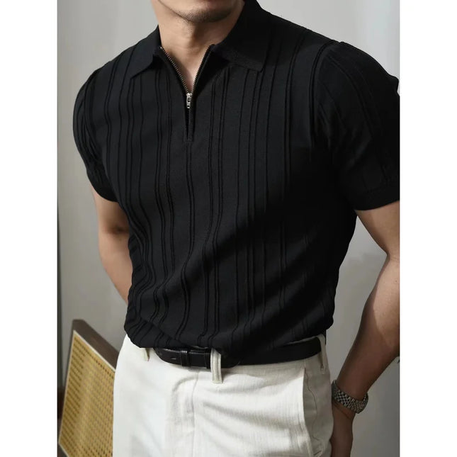 Men's Solid Zipper Knitted Polo Shirt with Lapel