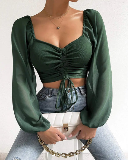 Drawstring Wrap Chest Long Sleeve Blouse for Women - Various Colors
